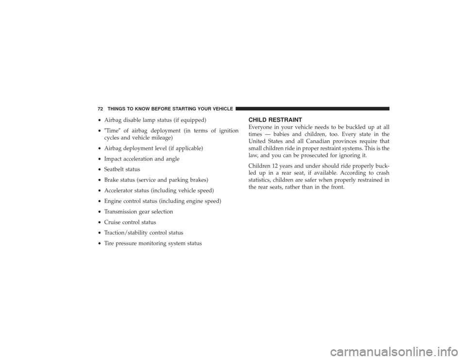 CHRYSLER PT CRUISER 2008 1.G Manual PDF •
Airbag disable lamp status (if equipped)
•
Timeof airbag deployment (in terms of ignition
cycles and vehicle mileage)
•
Airbag deployment level (if applicable)
•
Impact acceleration and an