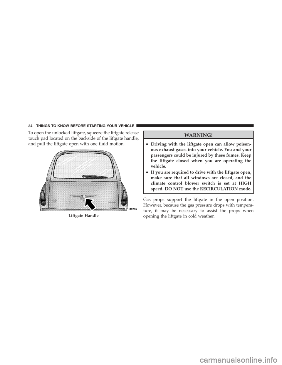 CHRYSLER PT CRUISER 2009 1.G Owners Guide To open the unlocked liftgate, squeeze the liftgate release
touch pad located on the backside of the liftgate handle,
and pull the liftgate open with one fluid motion.WARNING!
•Driving with the lift CHRYSLER PT CRUISER 2009 1.G Owners Guide To open the unlocked liftgate, squeeze the liftgate release
touch pad located on the backside of the liftgate handle,
and pull the liftgate open with one fluid motion.WARNING!
•Driving with the lift
