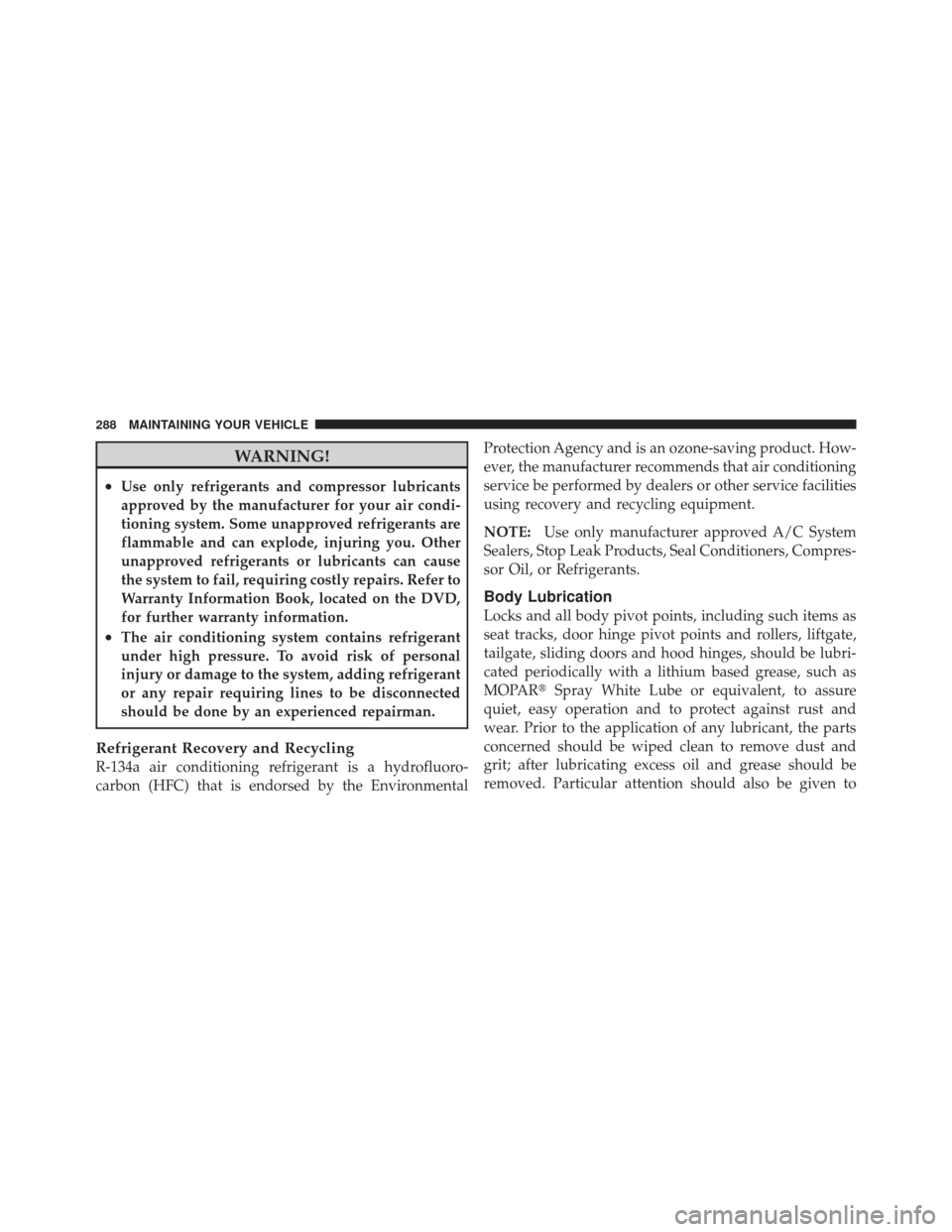CHRYSLER PT CRUISER 2010 1.G Owners Manual WARNING!
•Use only refrigerants and compressor lubricants
approved by the manufacturer for your air condi-
tioning system. Some unapproved refrigerants are
flammable and can explode, injuring you. O CHRYSLER PT CRUISER 2010 1.G Owners Manual WARNING!
•Use only refrigerants and compressor lubricants
approved by the manufacturer for your air condi-
tioning system. Some unapproved refrigerants are
flammable and can explode, injuring you. O