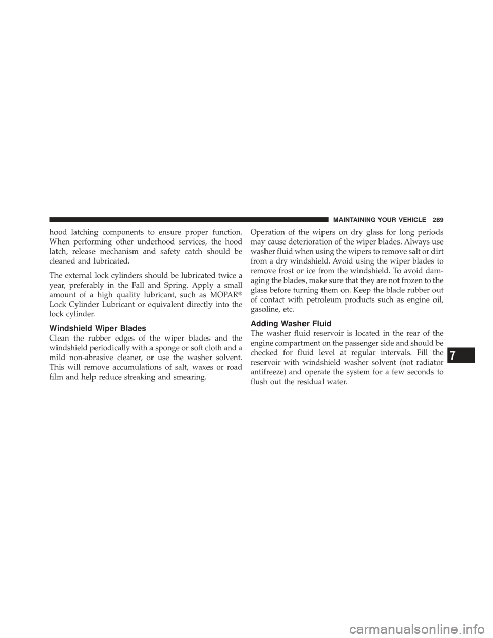 CHRYSLER PT CRUISER 2010 1.G User Guide hood latching components to ensure proper function.
When performing other underhood services, the hood
latch, release mechanism and safety catch should be
cleaned and lubricated.
The external lock cyl