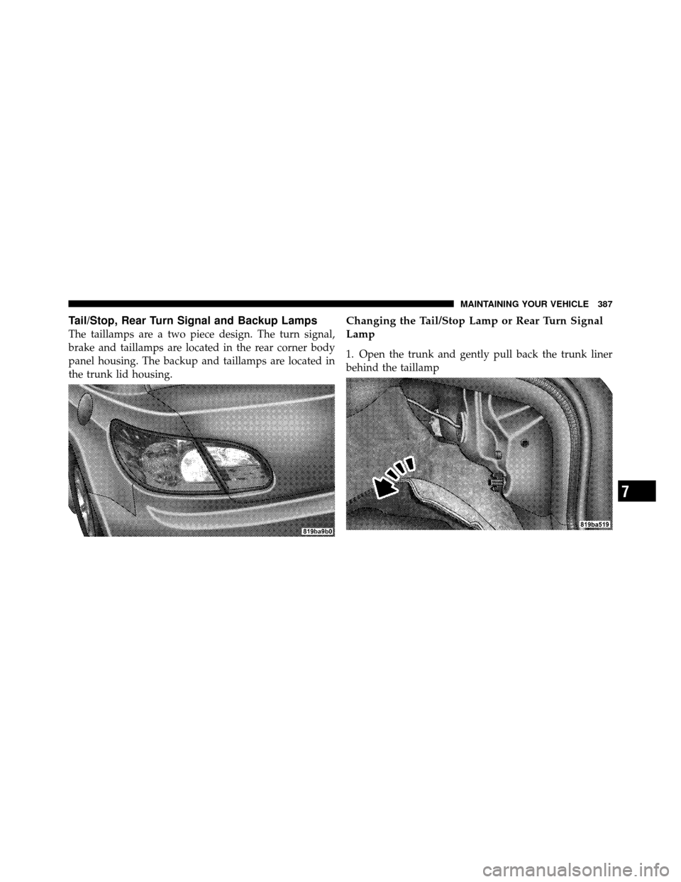 CHRYSLER SEBRING 2010 3.G Owners Manual Tail/Stop, Rear Turn Signal and Backup Lamps
The taillamps are a two piece design. The turn signal,
brake and taillamps are located in the rear corner body
panel housing. The backup and taillamps are 