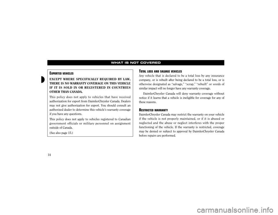 CHRYSLER SEBRING 2003 2.G Warranty Booklet 14
WHAT IS NOT COVERED
EXPOR TEDVEHICLES
EXCEPT WHERE SPECIFICALLY REQUIRED BY LAW, THERE IS NO WARRANTY COVERAGE ON THIS VEHICLEIF IT IS SOLD IN OR REGISTERED IN COUNTRIESOTHER THAN CANADA. This poli
