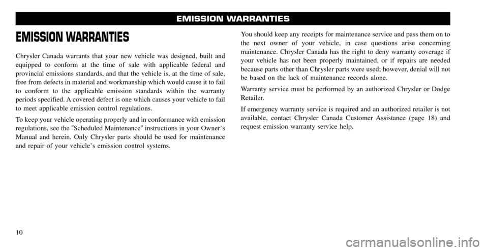 CHRYSLER SEBRING 2010 3.G Warranty Booklet 