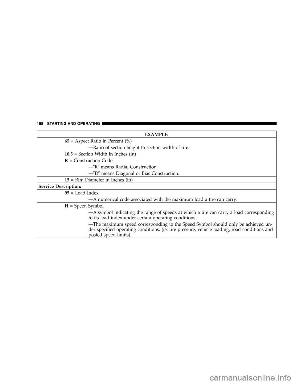 CHRYSLER SEBRING CONVERTIBLE 2005 2.G Owners Manual EXAMPLE:
65= Aspect Ratio in Percent (%)
—Ratio of section height to section width of tire.
10.5= Section Width in Inches (in)
R= Construction Code
—Rmeans Radial Construction.
—Dmeans Diago