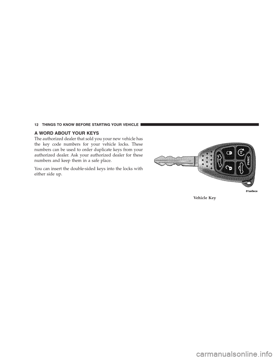CHRYSLER SEBRING CONVERTIBLE 2009 3.G User Guide A WORD ABOUT YOUR KEYS
The authorized dealer that sold you your new vehicle has
the key code numbers for your vehicle locks. These
numbers can be used to order duplicate keys from your
authorized deal