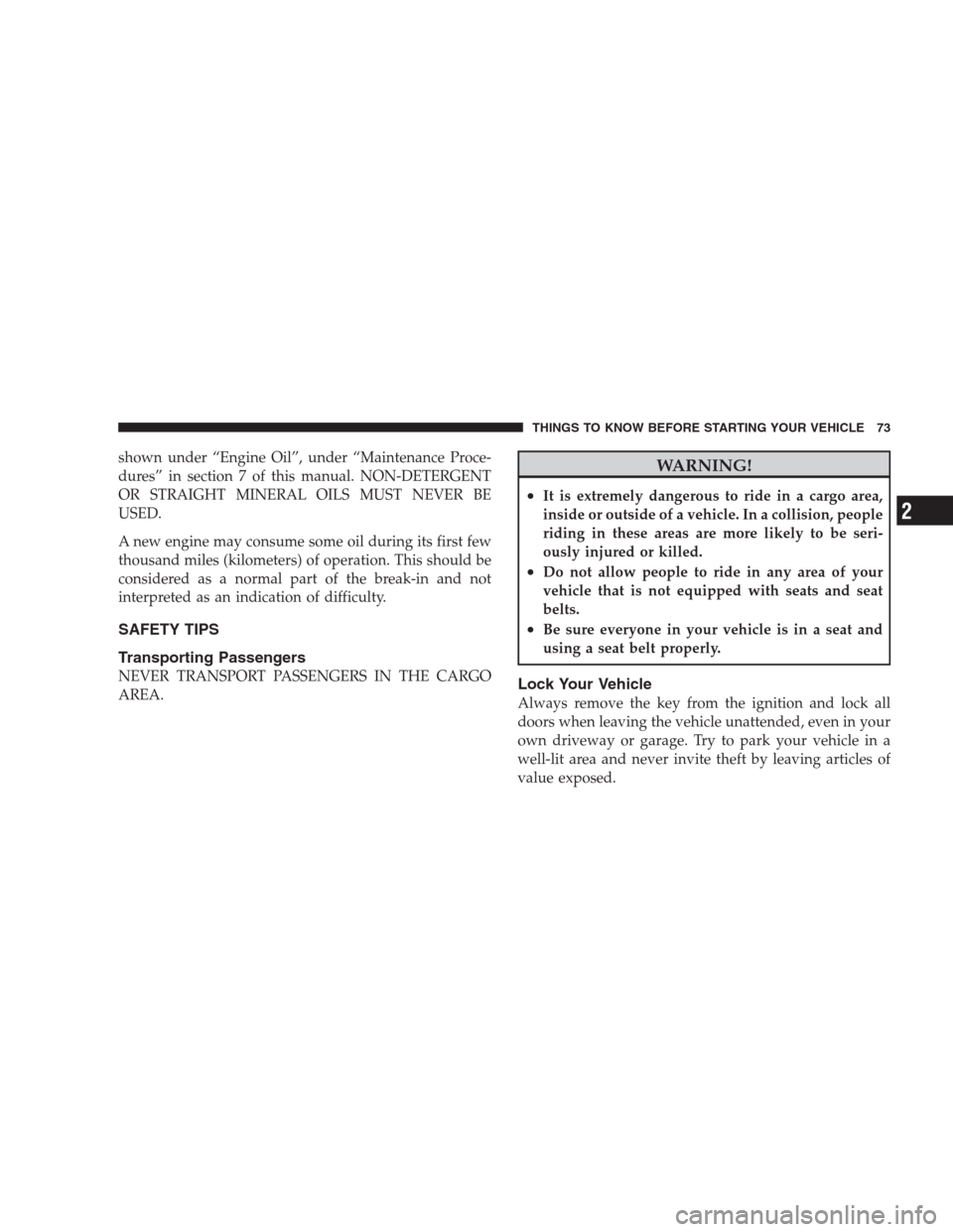 CHRYSLER SEBRING CONVERTIBLE 2009 3.G User Guide shown under “Engine Oil”, under “Maintenance Proce-
dures” in section 7 of this manual. NON-DETERGENT
OR STRAIGHT MINERAL OILS MUST NEVER BE
USED.
A new engine may consume some oil during its 