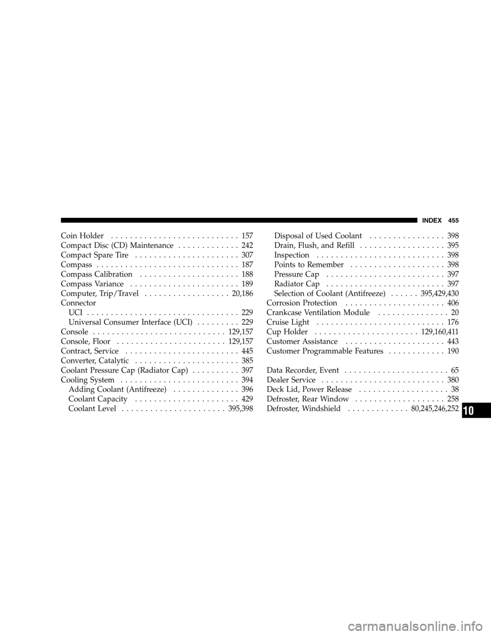 CHRYSLER SEBRING SEDAN 2008 3.G Owners Manual CoinHolder ........................... 157
Compact Disc (CD) Maintenance............. 242
Compact Spare Tire...................... 307
Compass.............................. 187
Compass Calibration....