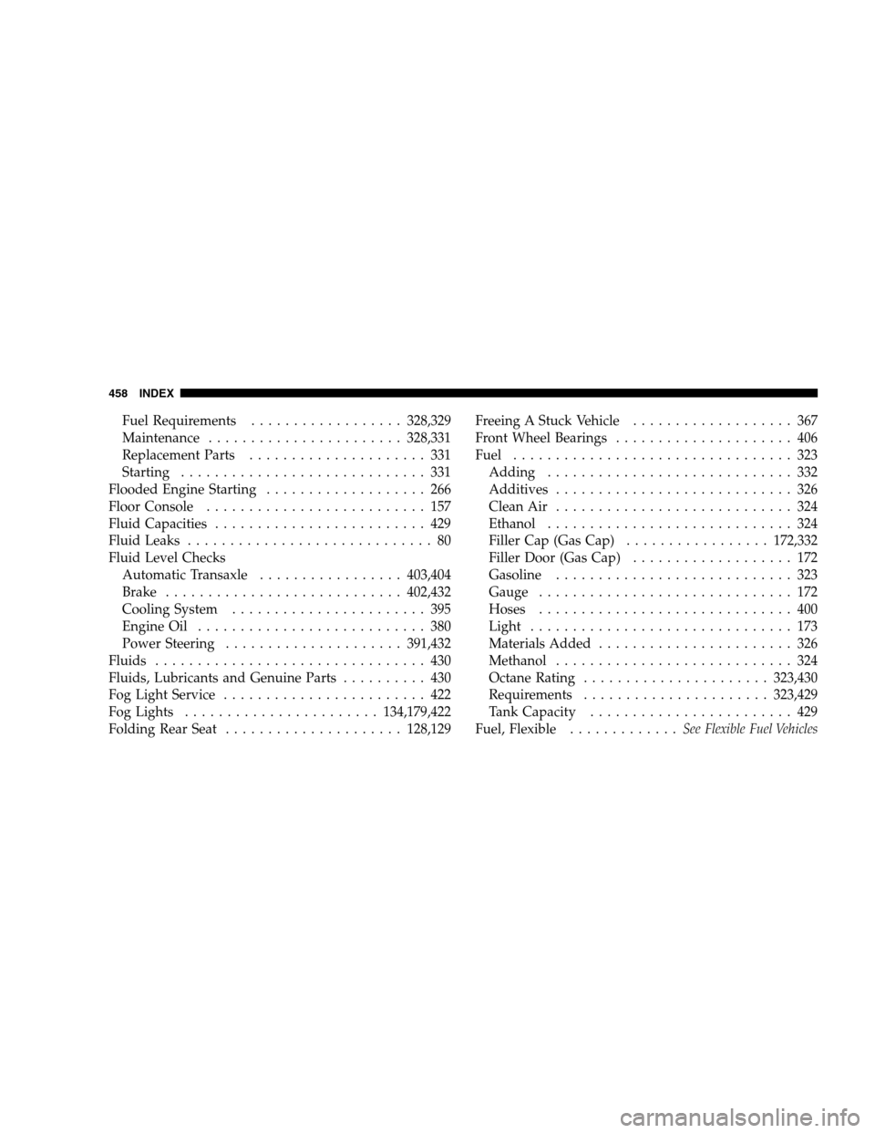 CHRYSLER SEBRING SEDAN 2008 3.G Owners Manual Fuel Requirements..................328,329
Maintenance.......................328,331
Replacement Parts..................... 331
Starting............................. 331
Flooded Engine Starting.......