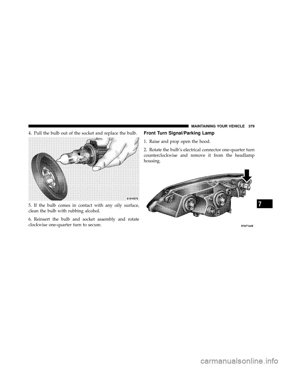 CHRYSLER SEBRING SEDAN 2010 3.G Owners Manual 4. Pull the bulb out of the socket and replace the bulb.
5. If the bulb comes in contact with any oily surface,
clean the bulb with rubbing alcohol.
6. Reinsert the bulb and socket assembly and rotate CHRYSLER SEBRING SEDAN 2010 3.G Owners Manual 4. Pull the bulb out of the socket and replace the bulb.
5. If the bulb comes in contact with any oily surface,
clean the bulb with rubbing alcohol.
6. Reinsert the bulb and socket assembly and rotate