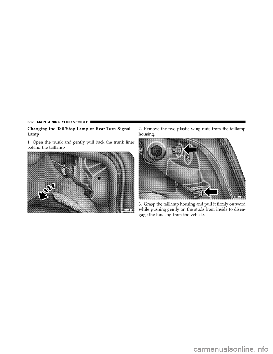 CHRYSLER SEBRING SEDAN 2010 3.G Owners Manual Changing the Tail/Stop Lamp or Rear Turn Signal
Lamp
1. Open the trunk and gently pull back the trunk liner
behind the taillamp2. Remove the two plastic wing nuts from the taillamp
housing.
3. Grasp t