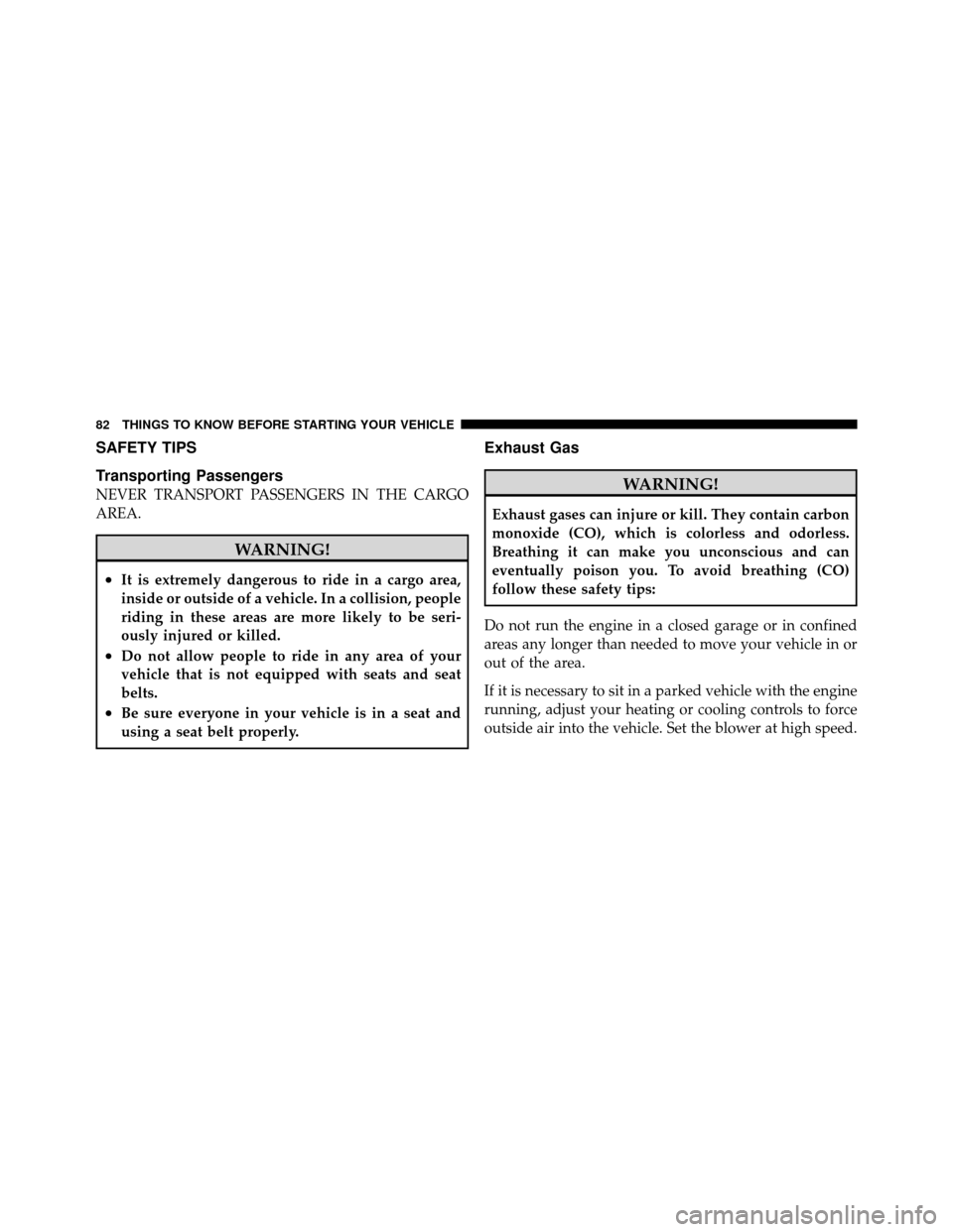 CHRYSLER SEBRING SEDAN 2010 3.G Manual Online SAFETY TIPS
Transporting Passengers
NEVER TRANSPORT PASSENGERS IN THE CARGO
AREA.
WARNING!
•It is extremely dangerous to ride in a cargo area,
inside or outside of a vehicle. In a collision, people
