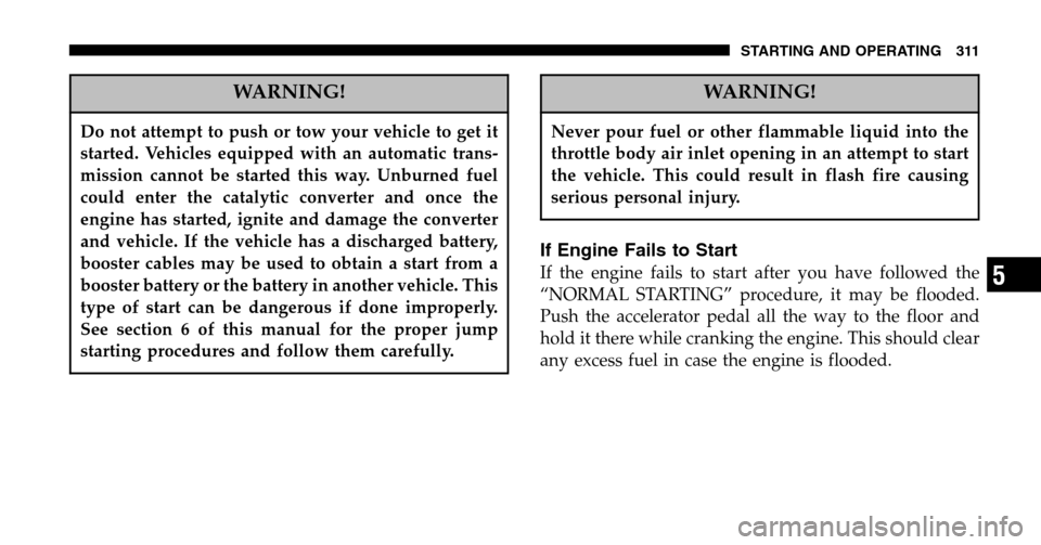 CHRYSLER TOWN AND COUNTRY 2006 4.G Owners Manual WARNING!
Do not attempt to push or tow your vehicle to get it
started. Vehicles equipped with an automatic trans-
mission cannot be started this way. Unburned fuel
could enter the catalytic converter CHRYSLER TOWN AND COUNTRY 2006 4.G Owners Manual WARNING!
Do not attempt to push or tow your vehicle to get it
started. Vehicles equipped with an automatic trans-
mission cannot be started this way. Unburned fuel
could enter the catalytic converter