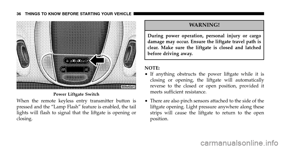 CHRYSLER TOWN AND COUNTRY 2006 4.G Owners Guide When the remote keyless entry transmitter button is
pressed and the “Lamp Flash” feature is enabled, the tail
lights will flash to signal that the liftgate is opening or
closing.
WARNING!
During CHRYSLER TOWN AND COUNTRY 2006 4.G Owners Guide When the remote keyless entry transmitter button is
pressed and the “Lamp Flash” feature is enabled, the tail
lights will flash to signal that the liftgate is opening or
closing.
WARNING!
During