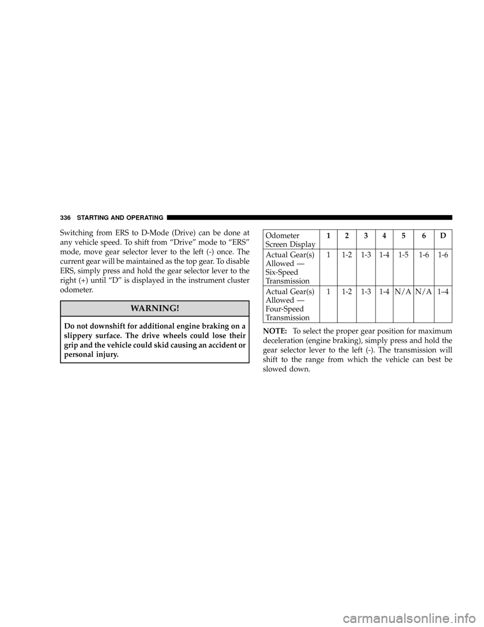 CHRYSLER TOWN AND COUNTRY 2008 5.G Owners Manual Switching from ERS to D-Mode (Drive) can be done at
any vehicle speed. To shift from ªDriveº mode to ªERSº
mode, move gear selector lever to the left (-) once. The
current gear will be maintained 