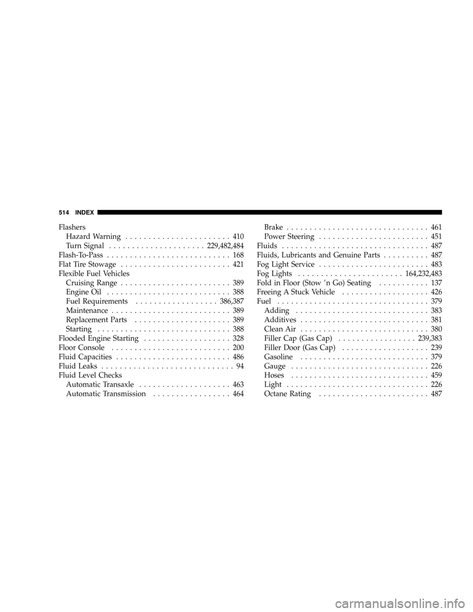 CHRYSLER TOWN AND COUNTRY 2008 5.G Owners Manual Flashers
Hazard Warning....................... 410
Turn Signal.....................229,482,484
Flash-To-Pass........................... 168
Flat Tire Stowage........................ 421
Flexible Fuel 