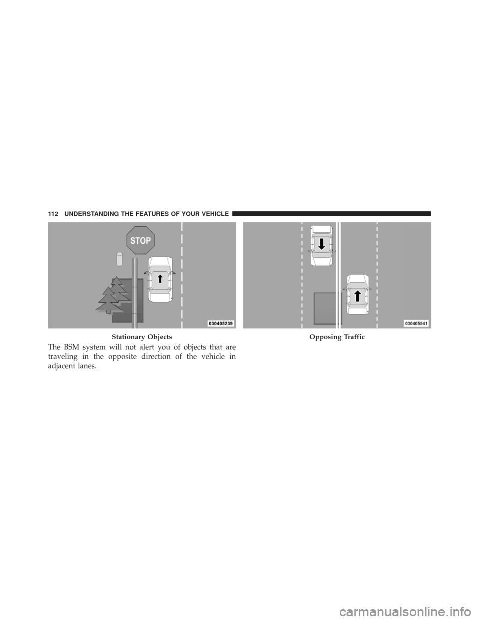 CHRYSLER TOWN AND COUNTRY 2009 5.G Owners Manual The BSM system will not alert you of objects that are
traveling in the opposite direction of the vehicle in
adjacent lanes.
Stationary ObjectsOpposing Traffic
112 UNDERSTANDING THE FEATURES OF YOUR VE