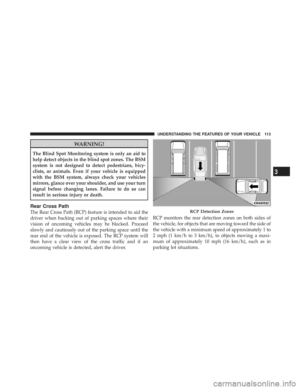 CHRYSLER TOWN AND COUNTRY 2009 5.G Owners Manual WARNING!
The Blind Spot Monitoring system is only an aid to
help detect objects in the blind spot zones. The BSM
system is not designed to detect pedestrians, bicy-
clists, or animals. Even if your ve