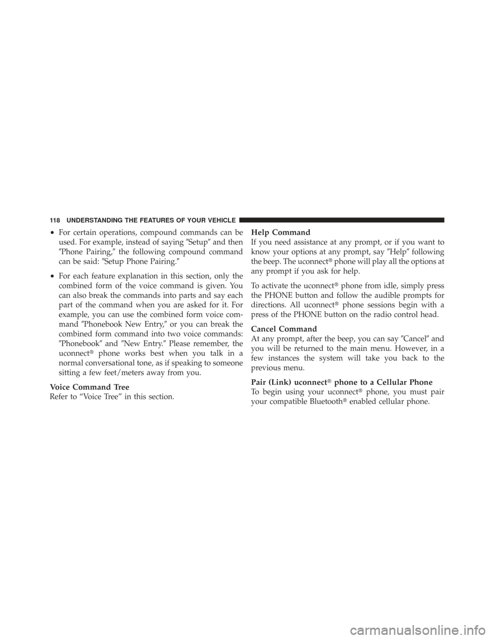 CHRYSLER TOWN AND COUNTRY 2009 5.G Owners Manual •For certain operations, compound commands can be
used. For example, instead of sayingSetupand then
Phone Pairing, the following compound command
can be said: Setup Phone Pairing.
•For each 