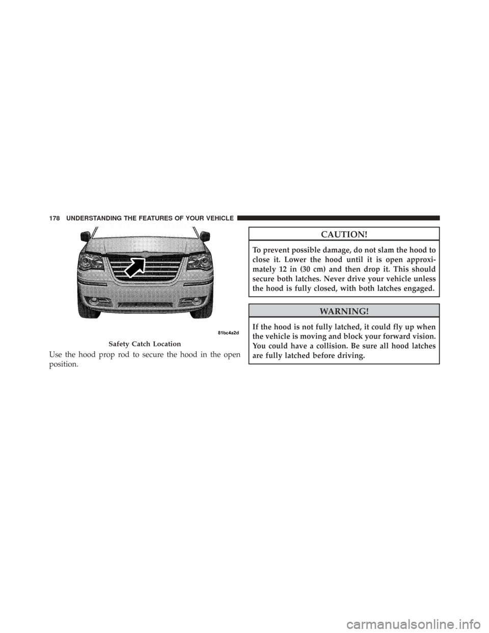 CHRYSLER TOWN AND COUNTRY 2009 5.G Owners Manual Use the hood prop rod to secure the hood in the open
position.
CAUTION!
To prevent possible damage, do not slam the hood to
close it. Lower the hood until it is open approxi-
mately 12 in (30 cm) and 