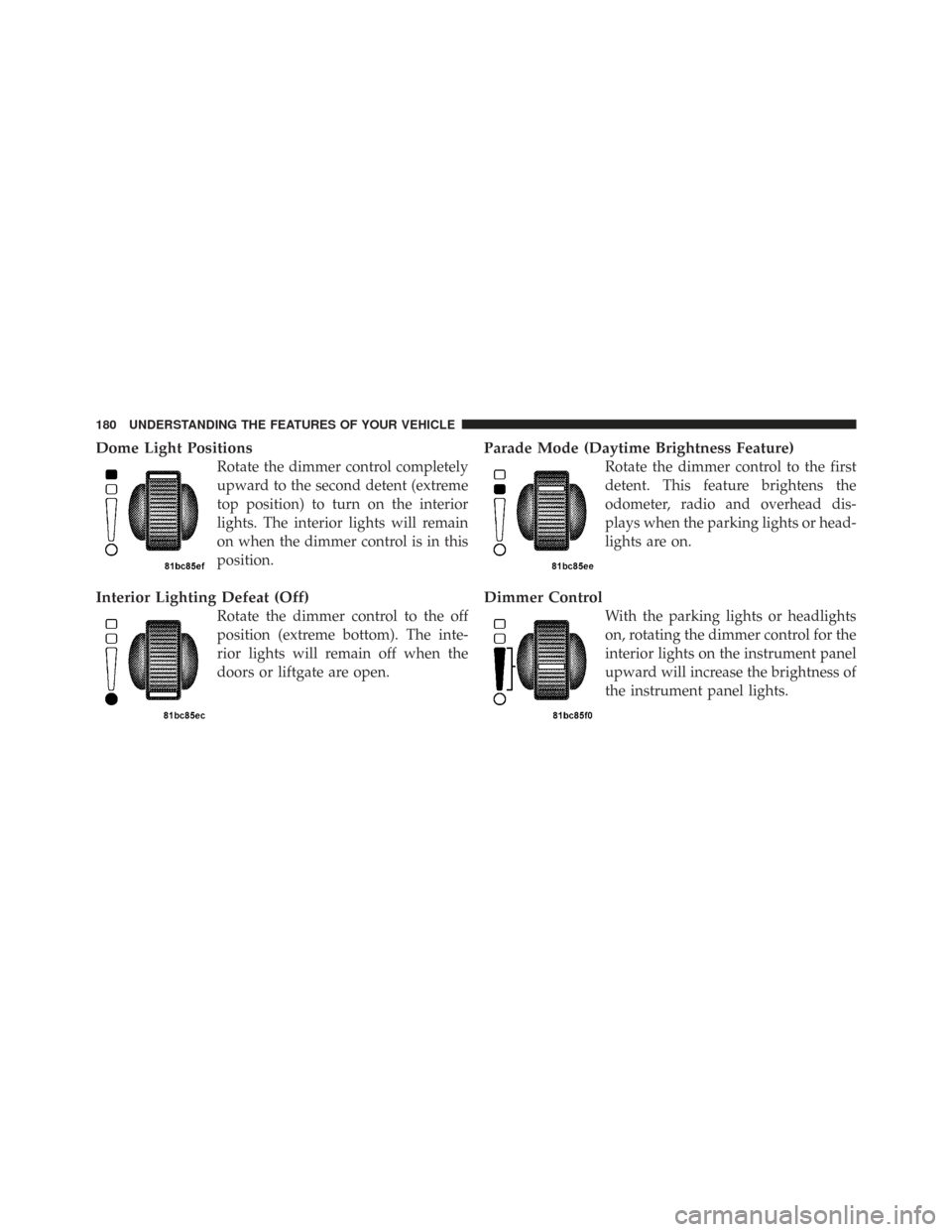 CHRYSLER TOWN AND COUNTRY 2009 5.G Owners Manual Dome Light Positions
Rotate the dimmer control completely
upward to the second detent (extreme
top position) to turn on the interior
lights. The interior lights will remain
on when the dimmer control 