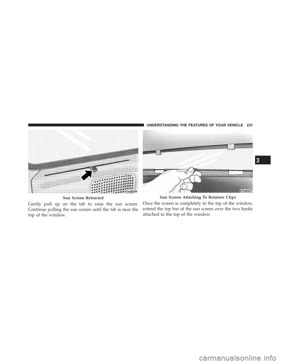 CHRYSLER TOWN AND COUNTRY 2009 5.G Owners Manual Gently pull up on the tab to raise the sun screen.
Continue pulling the sun screen until the tab is near the
top of the window.Once the screen is completely to the top of the window,
extend the top ba CHRYSLER TOWN AND COUNTRY 2009 5.G Owners Manual Gently pull up on the tab to raise the sun screen.
Continue pulling the sun screen until the tab is near the
top of the window.Once the screen is completely to the top of the window,
extend the top ba