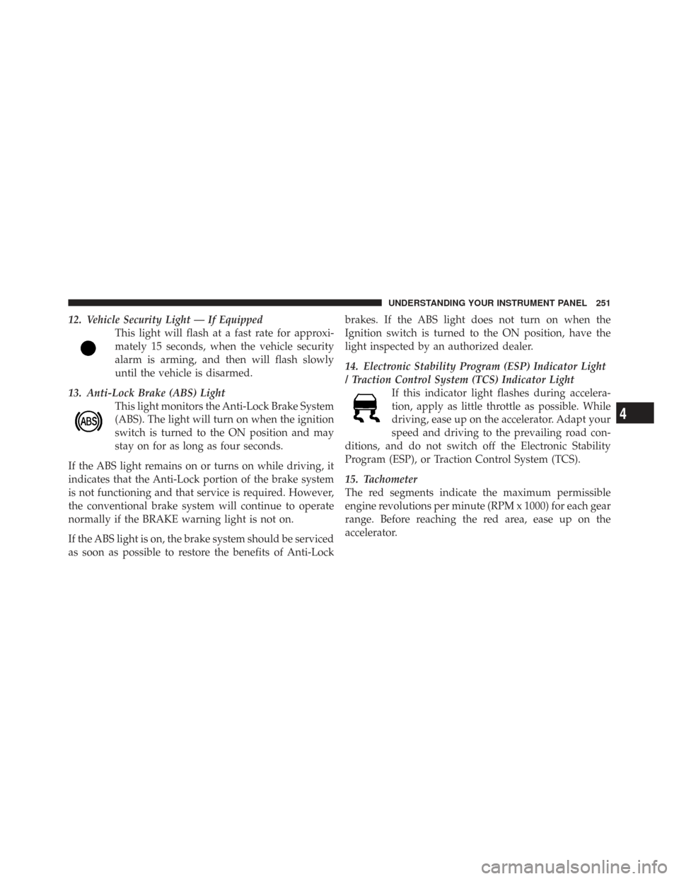 CHRYSLER TOWN AND COUNTRY 2009 5.G Owners Manual 12. Vehicle Security Light — If EquippedThis light will flash at a fast rate for approxi-
mately 15 seconds, when the vehicle security
alarm is arming, and then will flash slowly
until the vehicle i