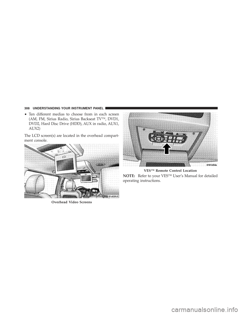CHRYSLER TOWN AND COUNTRY 2009 5.G Owners Manual •Ten different medias to choose from in each screen
(AM, FM, Sirius Radio, Sirius Backseat TV™, DVD1,
DVD2, Hard Disc Drive (HDD), AUX in radio, AUX1,
AUX2)
The LCD screen(s) are located in the ov