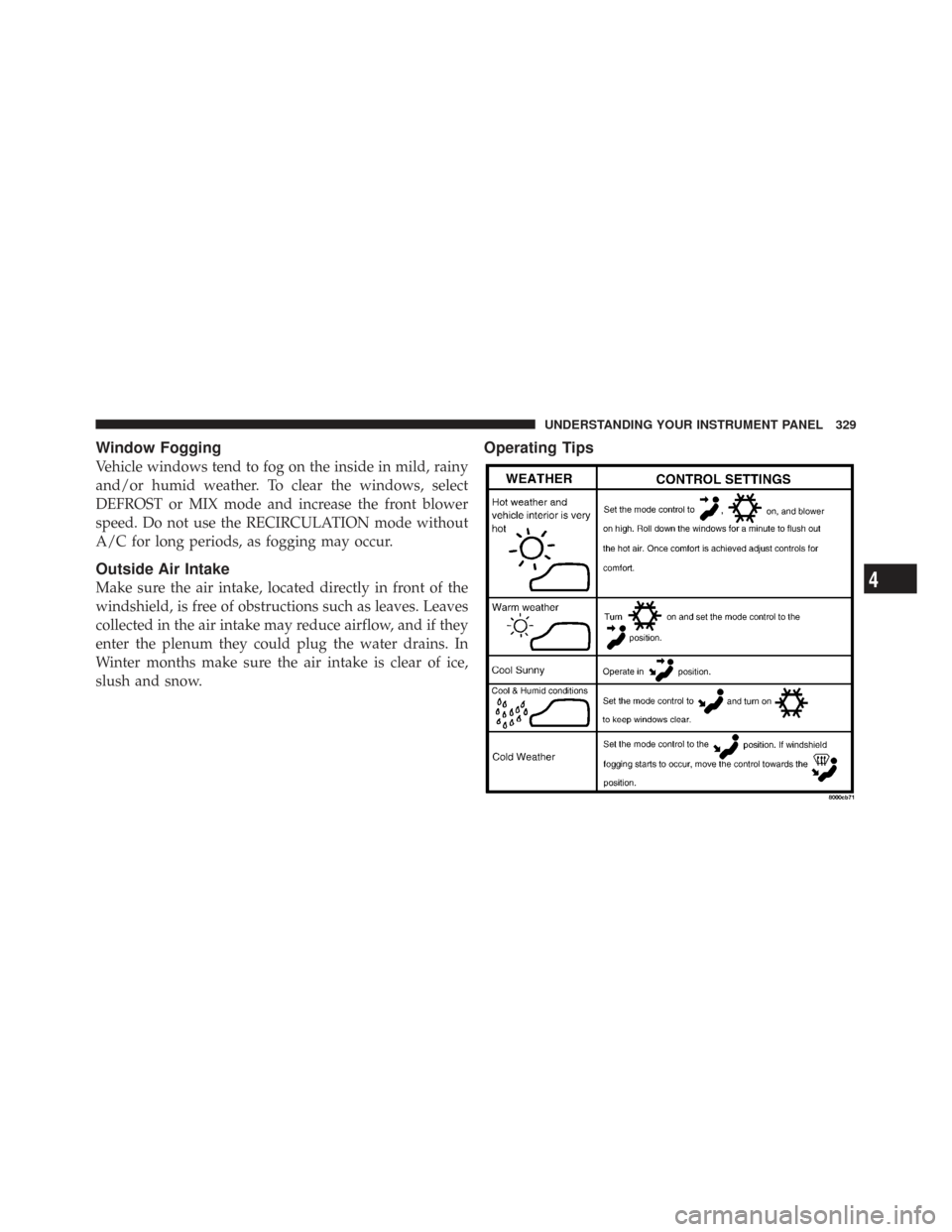 CHRYSLER TOWN AND COUNTRY 2009 5.G Owners Manual Window Fogging
Vehicle windows tend to fog on the inside in mild, rainy
and/or humid weather. To clear the windows, select
DEFROST or MIX mode and increase the front blower
speed. Do not use the RECIR
