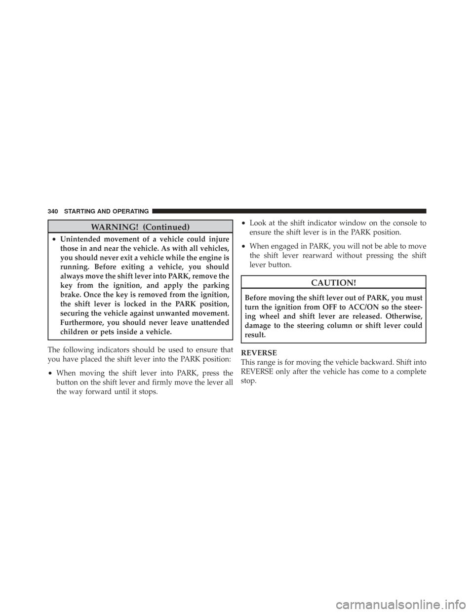 CHRYSLER TOWN AND COUNTRY 2009 5.G Owners Manual WARNING! (Continued)
•Unintended movement of a vehicle could injure
those in and near the vehicle. As with all vehicles,
you should never exit a vehicle while the engine is
running. Before exiting a