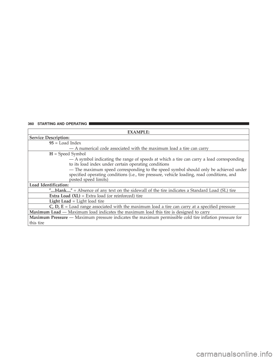 CHRYSLER TOWN AND COUNTRY 2009 5.G Owners Manual EXAMPLE:
Service Description: 95= Load Index
— A numerical code associated with the maximum load a tire can carry
H = Speed Symbol
— A symbol indicating the range of speeds at which a tire can car