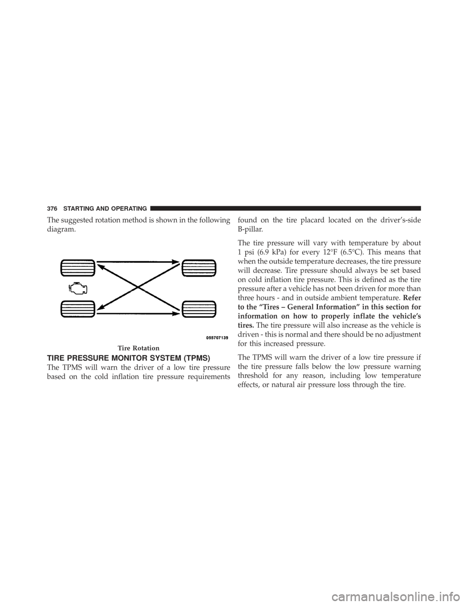 CHRYSLER TOWN AND COUNTRY 2009 5.G Owners Manual The suggested rotation method is shown in the following
diagram.
TIRE PRESSURE MONITOR SYSTEM (TPMS)
The TPMS will warn the driver of a low tire pressure
based on the cold inflation tire pressure requ