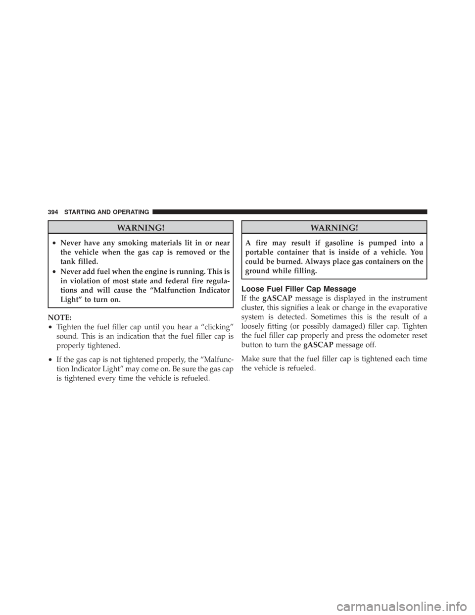 CHRYSLER TOWN AND COUNTRY 2009 5.G Owners Manual WARNING!
•Never have any smoking materials lit in or near
the vehicle when the gas cap is removed or the
tank filled.
•Never add fuel when the engine is running. This is
in violation of most state