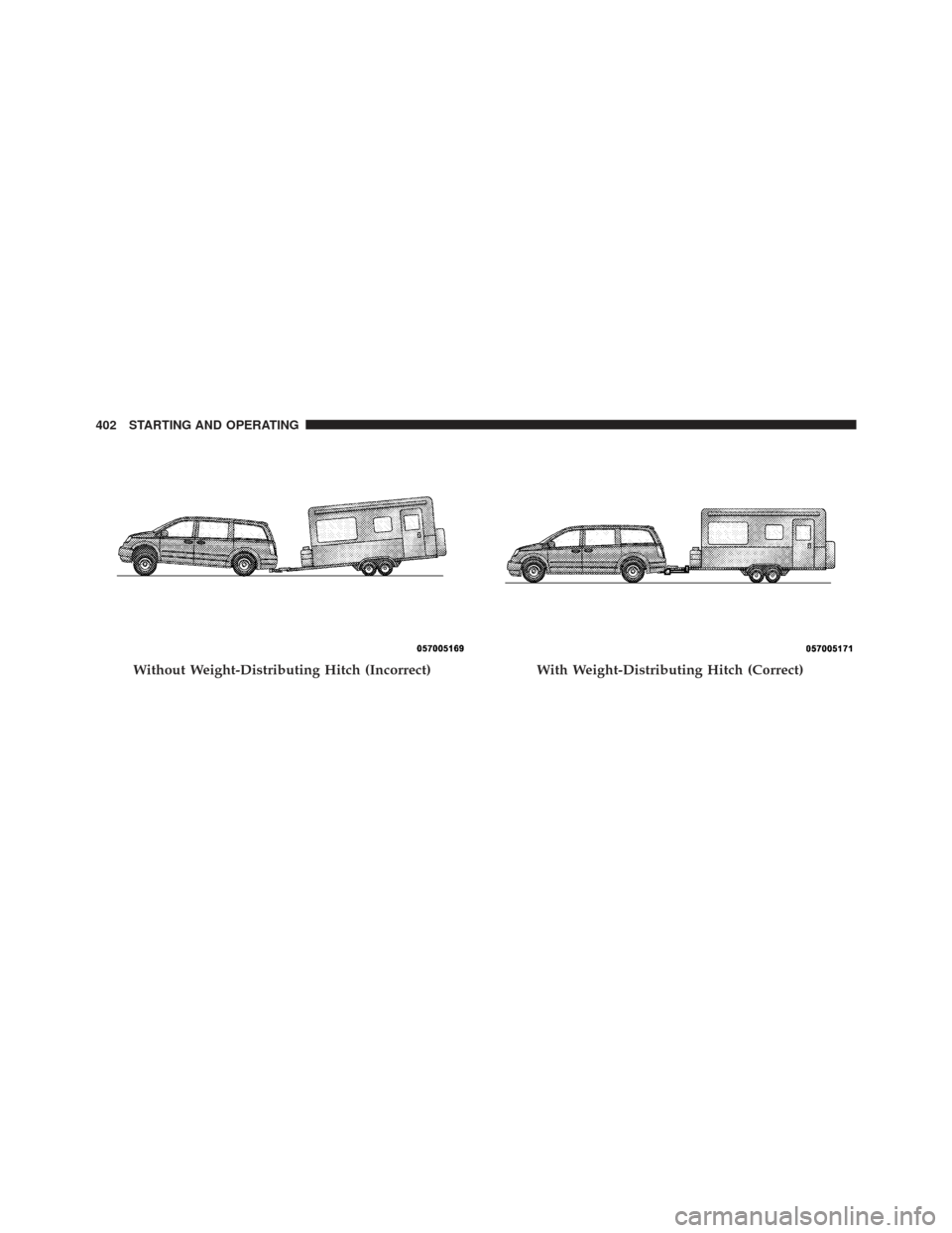 CHRYSLER TOWN AND COUNTRY 2009 5.G Owners Manual Without Weight-Distributing Hitch (Incorrect)With Weight-Distributing Hitch (Correct)
402 STARTING AND OPERATING 