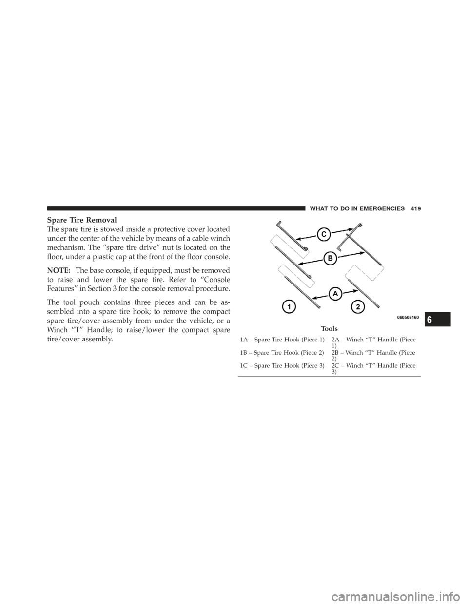 CHRYSLER TOWN AND COUNTRY 2009 5.G Owners Manual Spare Tire Removal
The spare tire is stowed inside a protective cover located
under the center of the vehicle by means of a cable winch
mechanism. The “spare tire drive” nut is located on the
floo