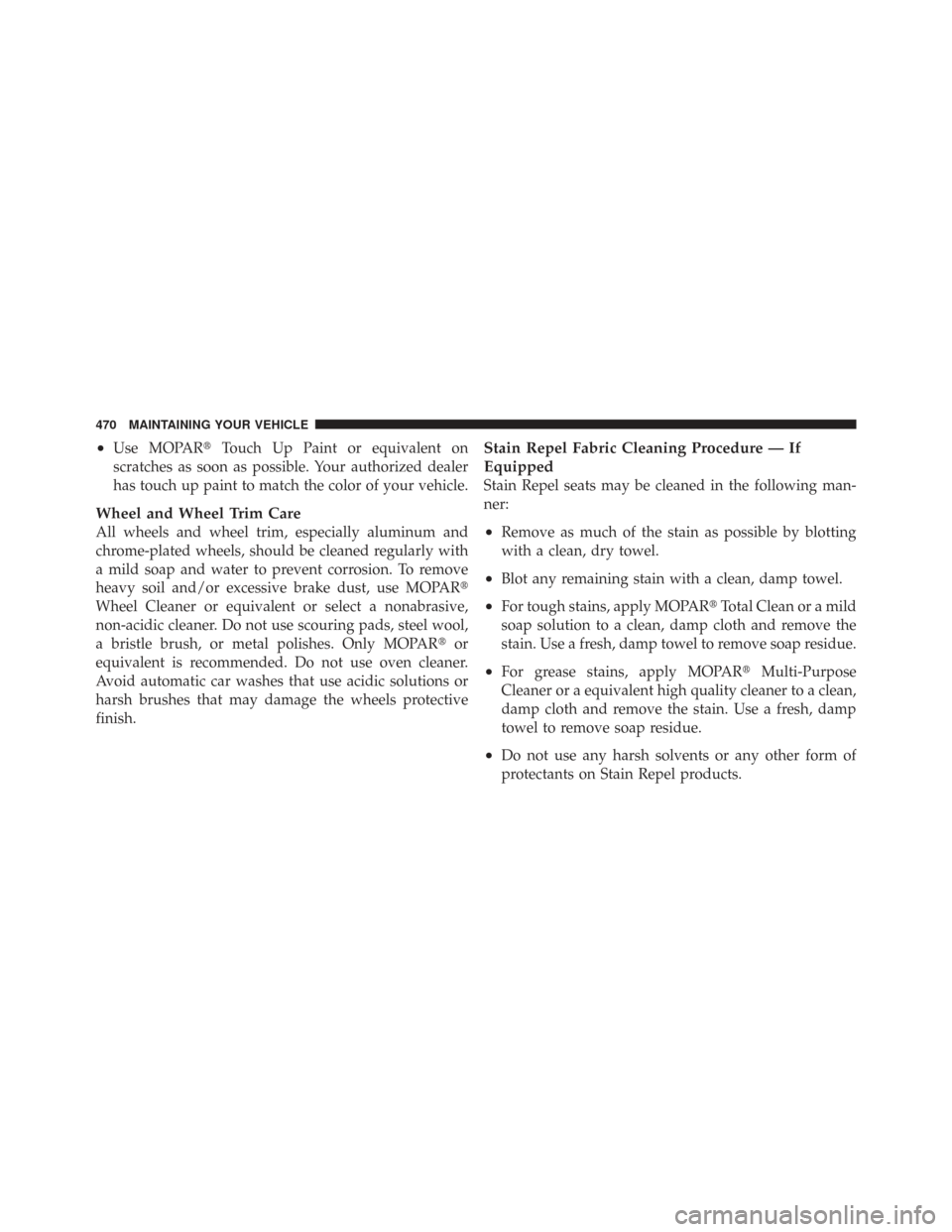 CHRYSLER TOWN AND COUNTRY 2009 5.G Owners Manual •Use MOPARTouch Up Paint or equivalent on
scratches as soon as possible. Your authorized dealer
has touch up paint to match the color of your vehicle.
Wheel and Wheel Trim Care
All wheels and wheel