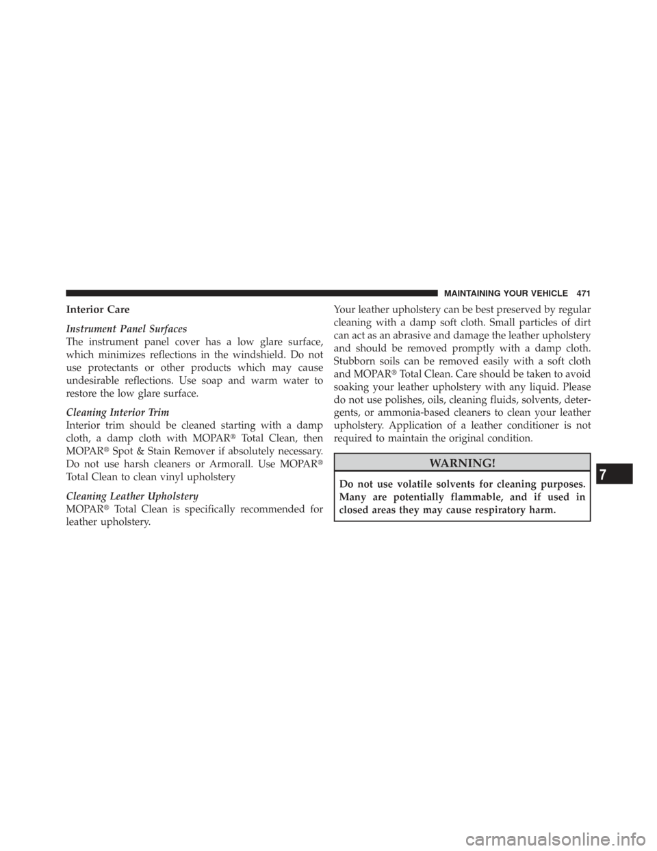 CHRYSLER TOWN AND COUNTRY 2009 5.G Owners Manual Interior Care
Instrument Panel Surfaces
The instrument panel cover has a low glare surface,
which minimizes reflections in the windshield. Do not
use protectants or other products which may cause
unde