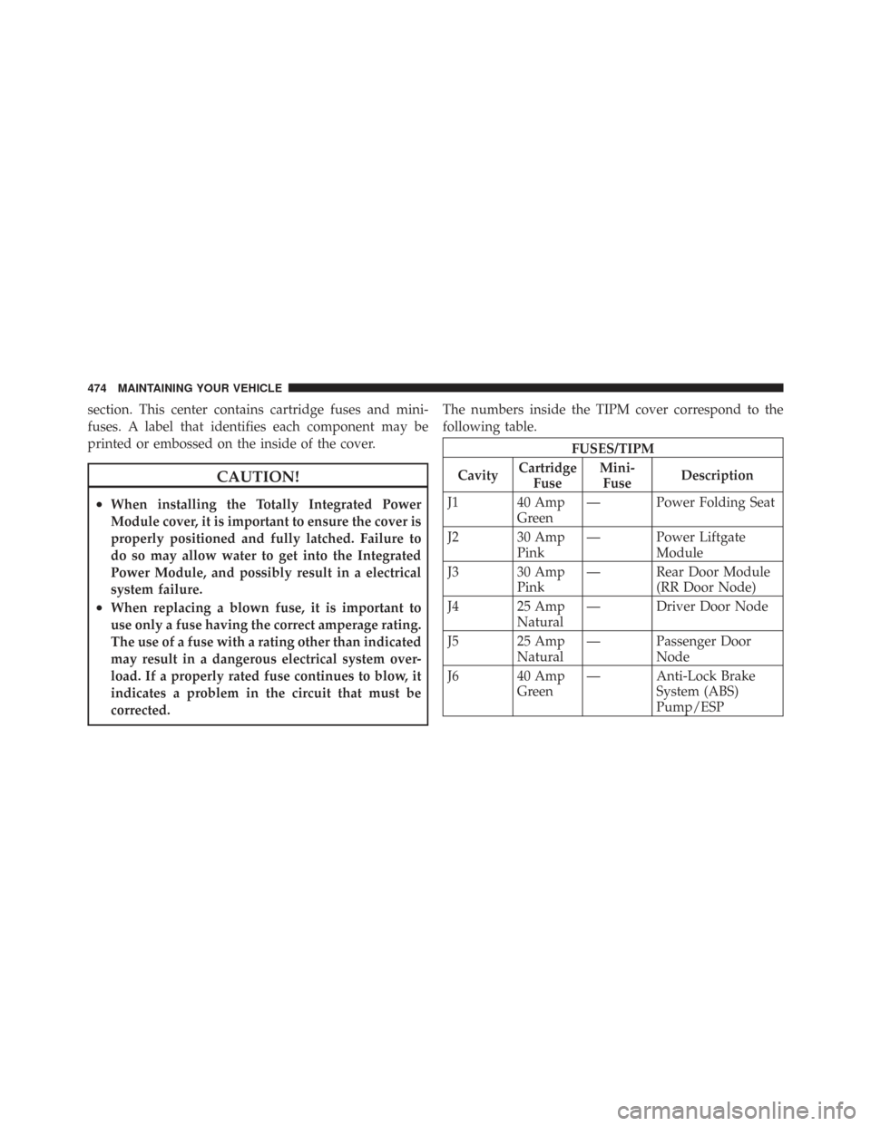 CHRYSLER TOWN AND COUNTRY 2009 5.G Owners Manual section. This center contains cartridge fuses and mini-
fuses. A label that identifies each component may be
printed or embossed on the inside of the cover.
CAUTION!
•When installing the Totally Int