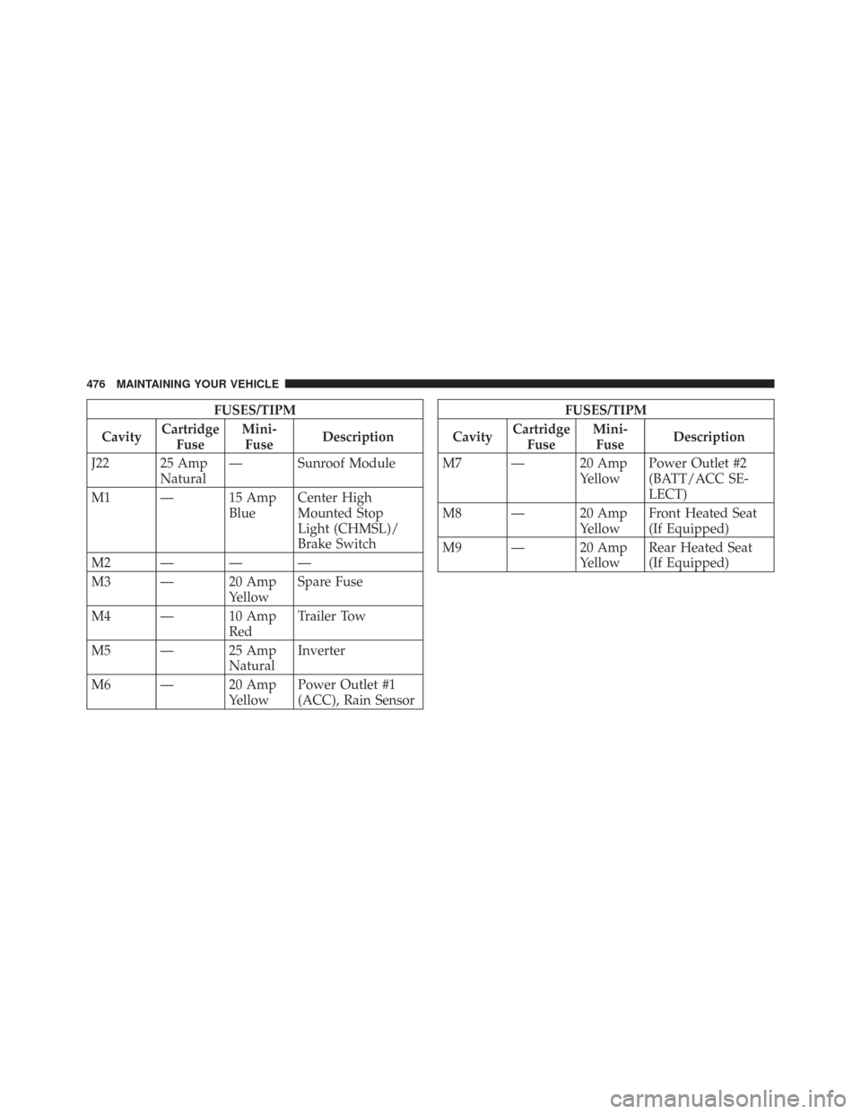 CHRYSLER TOWN AND COUNTRY 2009 5.G Owners Manual FUSES/TIPM
Cavity Cartridge
Fuse Mini-
Fuse Description
J22 25 Amp Natural— Sunroof Module
M1 — 15 Amp BlueCenter High
Mounted Stop
Light (CHMSL)/
Brake Switch
M2———
M3 — 20 Amp YellowSpar
