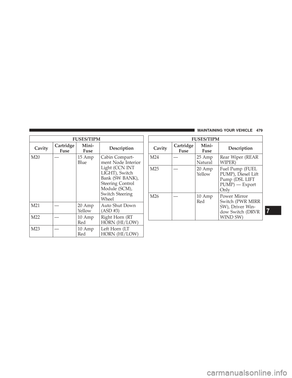 CHRYSLER TOWN AND COUNTRY 2009 5.G Owners Manual FUSES/TIPM
Cavity Cartridge
Fuse Mini-
Fuse Description
M20 — 15 Amp BlueCabin Compart-
ment Node Interior
Light (CCN INT
LIGHT), Switch
Bank (SW BANK),
Steering Control
Module (SCM),
Switch Steerin CHRYSLER TOWN AND COUNTRY 2009 5.G Owners Manual FUSES/TIPM
Cavity Cartridge
Fuse Mini-
Fuse Description
M20 — 15 Amp BlueCabin Compart-
ment Node Interior
Light (CCN INT
LIGHT), Switch
Bank (SW BANK),
Steering Control
Module (SCM),
Switch Steerin