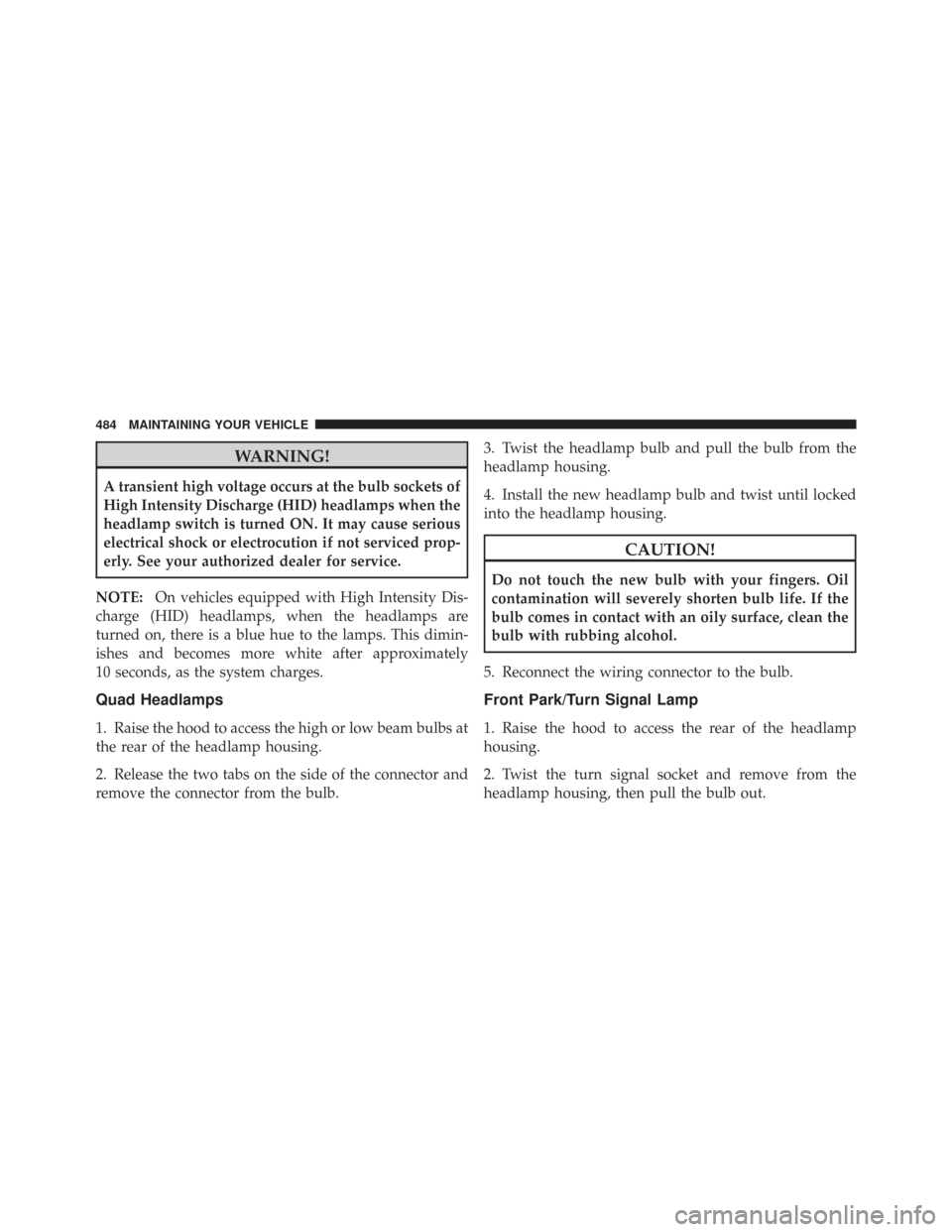 CHRYSLER TOWN AND COUNTRY 2009 5.G Owners Manual WARNING!
A transient high voltage occurs at the bulb sockets of
High Intensity Discharge (HID) headlamps when the
headlamp switch is turned ON. It may cause serious
electrical shock or electrocution i CHRYSLER TOWN AND COUNTRY 2009 5.G Owners Manual WARNING!
A transient high voltage occurs at the bulb sockets of
High Intensity Discharge (HID) headlamps when the
headlamp switch is turned ON. It may cause serious
electrical shock or electrocution i