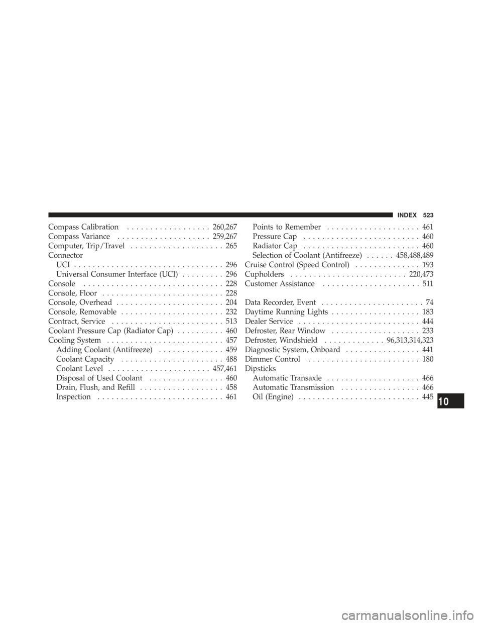 CHRYSLER TOWN AND COUNTRY 2009 5.G Owners Manual Compass Calibration.................. 260,267
Compass Variance .................... 259,267
Computer, Trip/Travel .................... 265
Connector UCI ................................ 296
Universal 