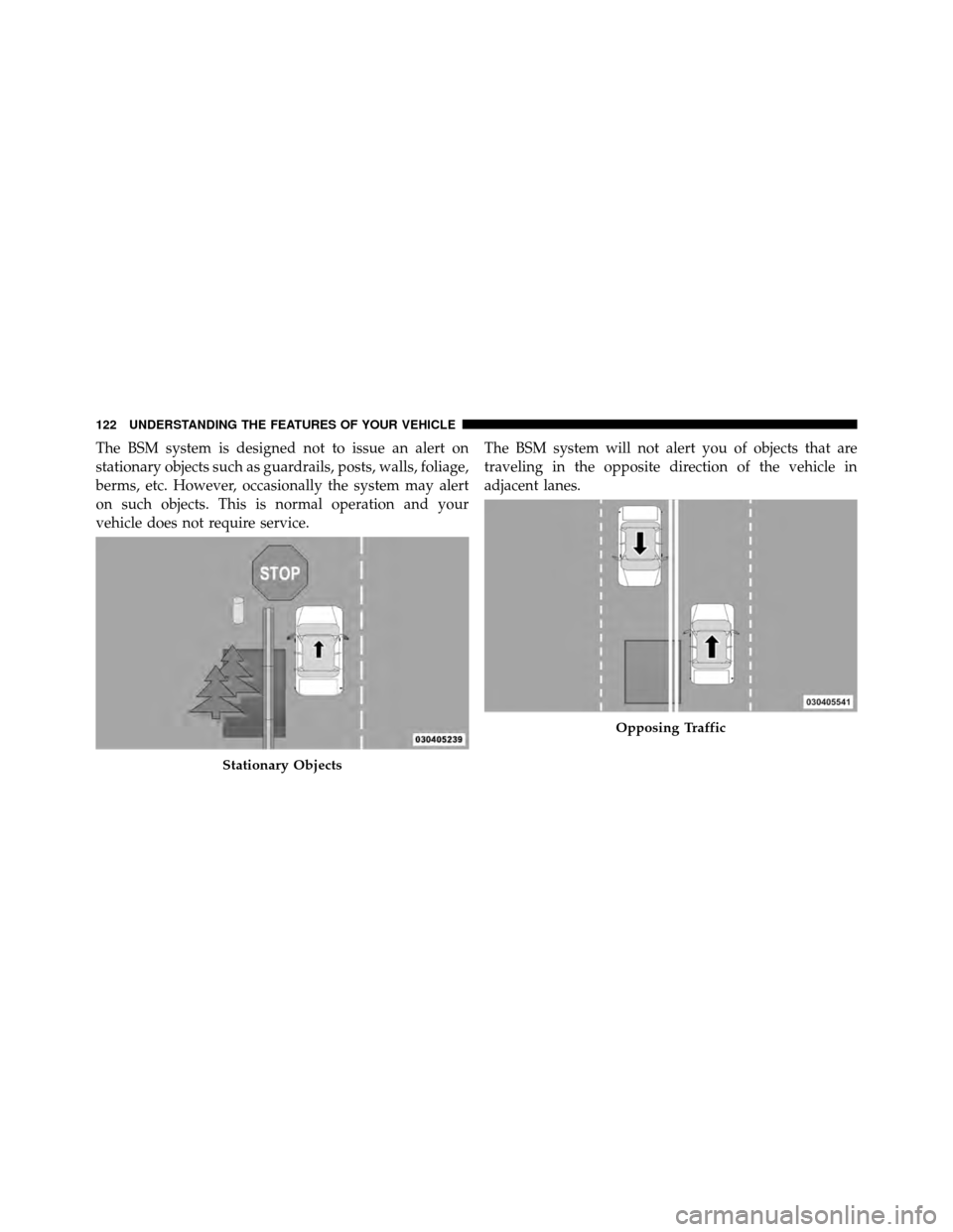 CHRYSLER TOWN AND COUNTRY 2010 5.G Owners Manual The BSM system is designed not to issue an alert on
stationary objects such as guardrails, posts, walls, foliage,
berms, etc. However, occasionally the system may alert
on such objects. This is normal