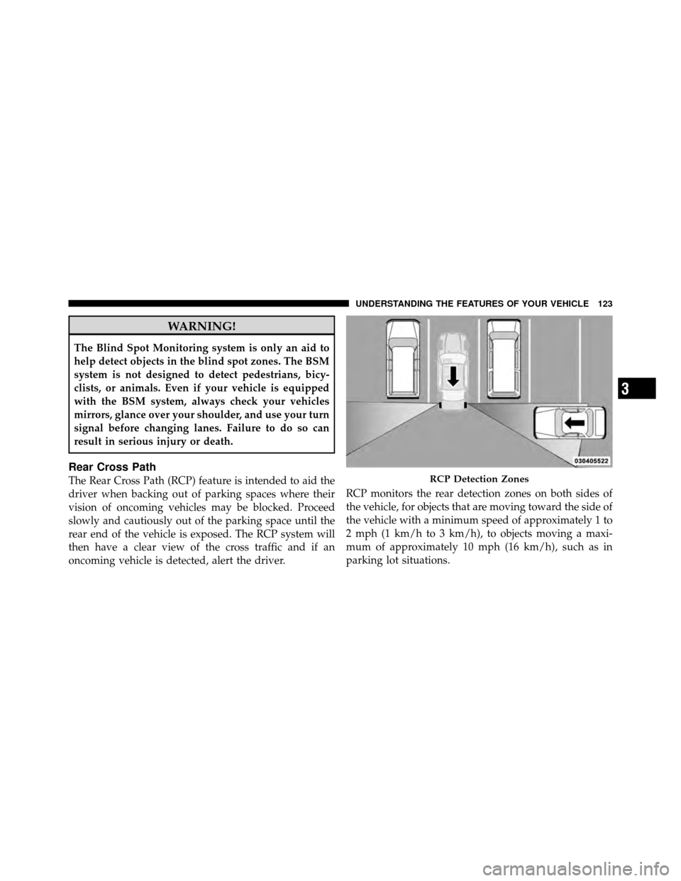 CHRYSLER TOWN AND COUNTRY 2010 5.G Owners Manual WARNING!
The Blind Spot Monitoring system is only an aid to
help detect objects in the blind spot zones. The BSM
system is not designed to detect pedestrians, bicy-
clists, or animals. Even if your ve