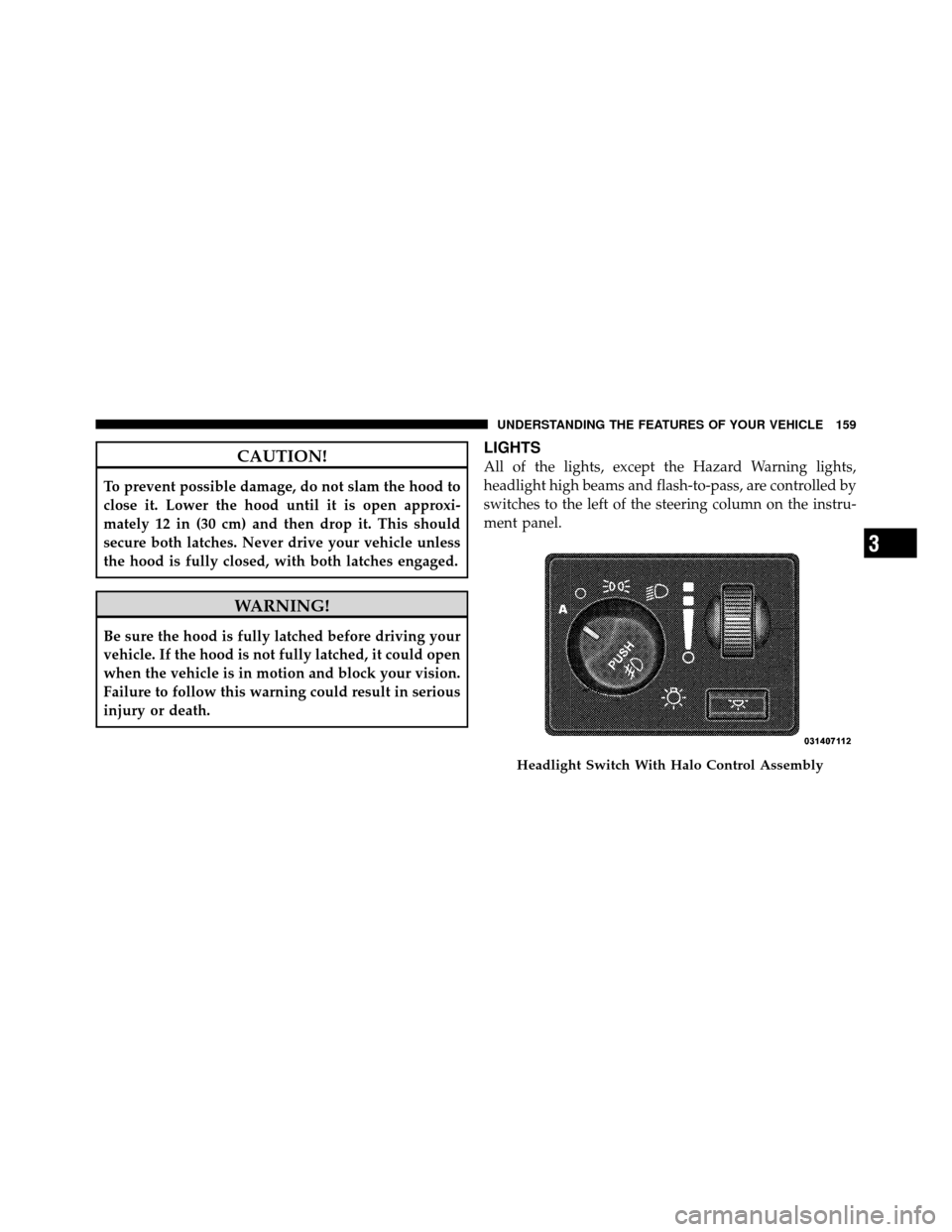 CHRYSLER TOWN AND COUNTRY 2010 5.G Owners Manual CAUTION!
To prevent possible damage, do not slam the hood to
close it. Lower the hood until it is open approxi-
mately 12 in (30 cm) and then drop it. This should
secure both latches. Never drive your