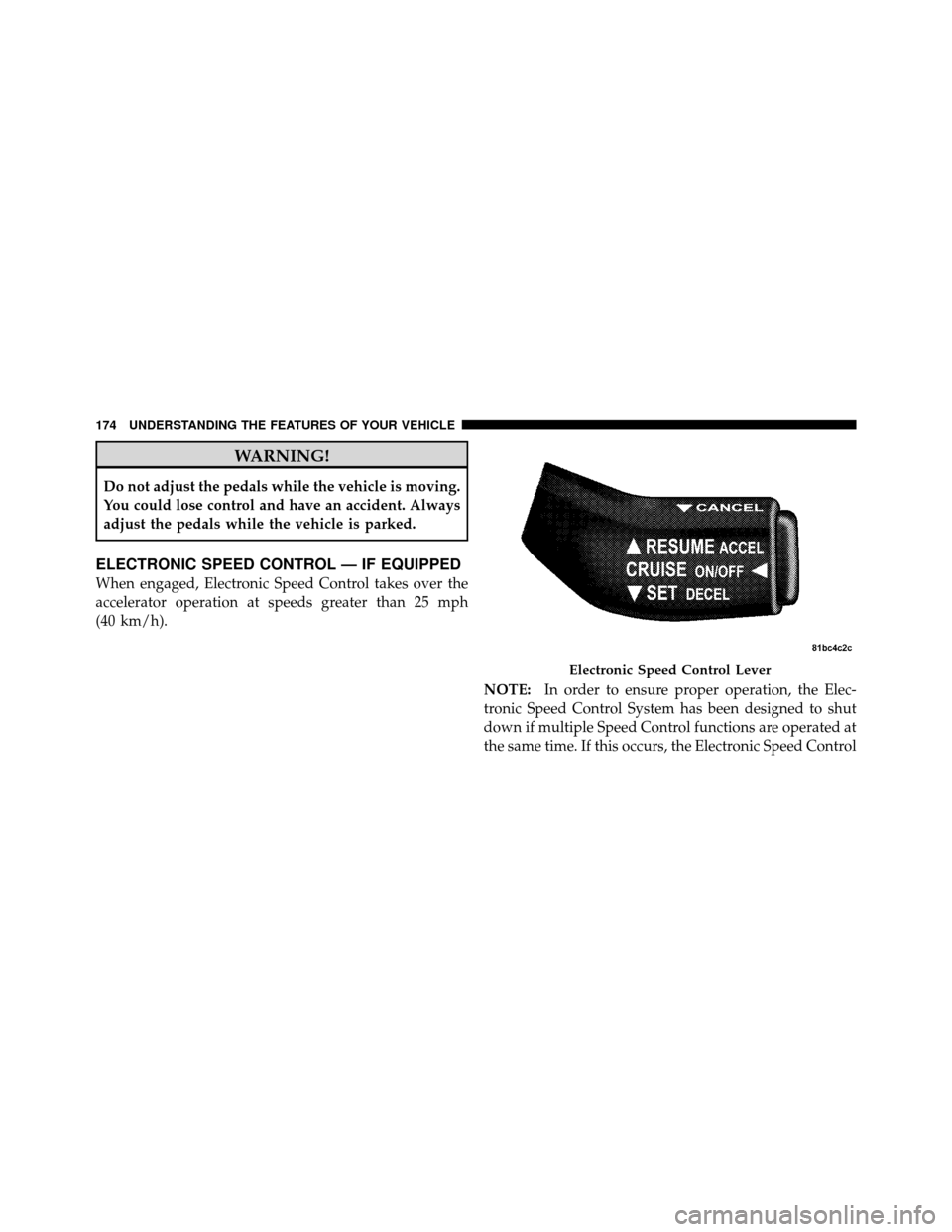 CHRYSLER TOWN AND COUNTRY 2010 5.G Owners Manual WARNING!
Do not adjust the pedals while the vehicle is moving.
You could lose control and have an accident. Always
adjust the pedals while the vehicle is parked.
ELECTRONIC SPEED CONTROL — IF EQUIPP