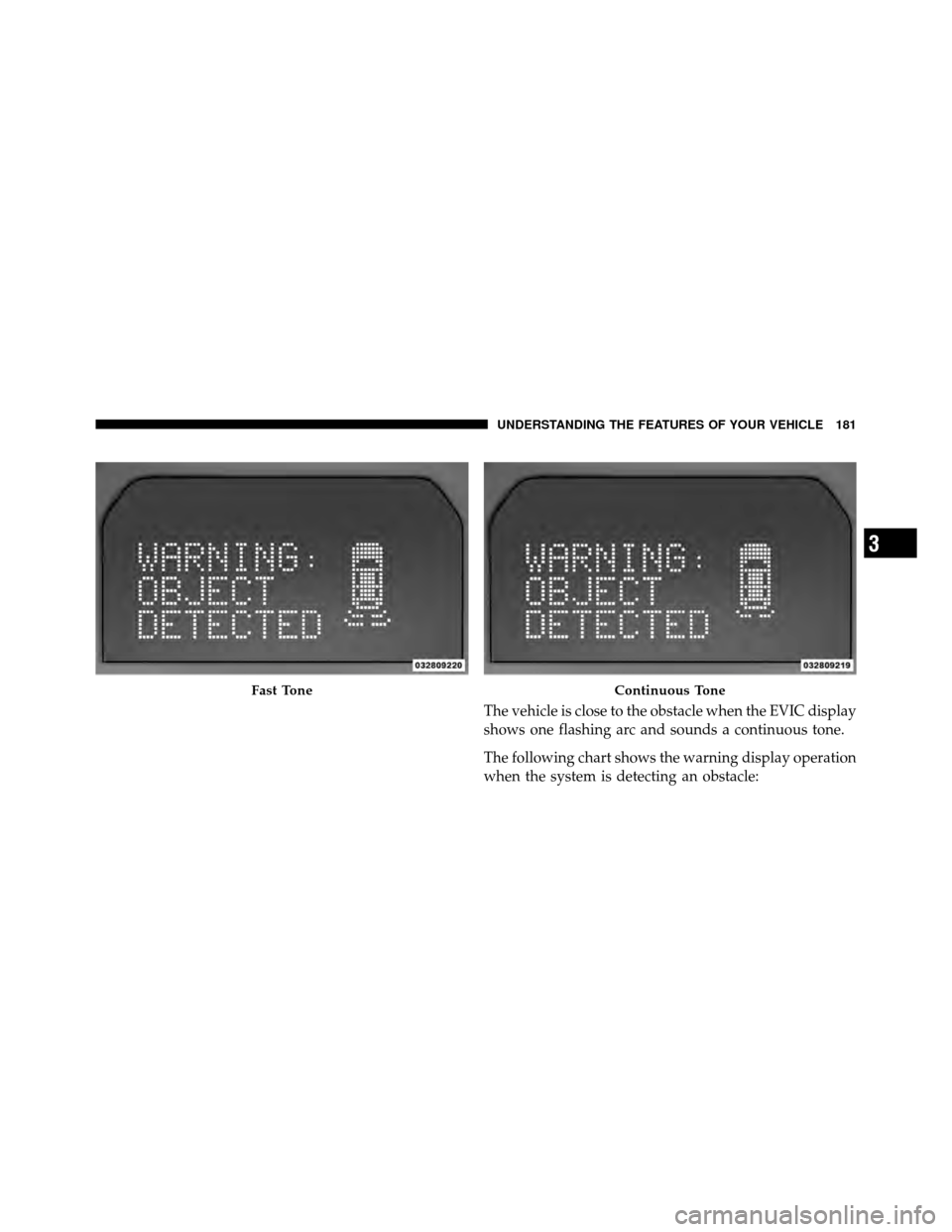 CHRYSLER TOWN AND COUNTRY 2010 5.G Owners Manual The vehicle is close to the obstacle when the EVIC display
shows one flashing arc and sounds a continuous tone.
The following chart shows the warning display operation
when the system is detecting an 