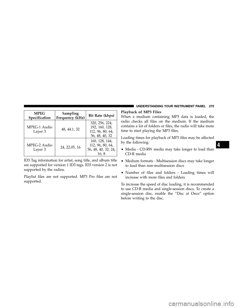 CHRYSLER TOWN AND COUNTRY 2010 5.G Owners Manual MPEG
Specification Sampling
Frequency (kHz) Bit Rate (kbps)
MPEG-1 Audio Layer 3 48, 44.1, 32 320, 256, 224,
192, 160, 128,
112, 96, 80, 64, 56, 48, 40, 32
MPEG-2 Audio Layer 3 24, 22.05, 16 160, 128,