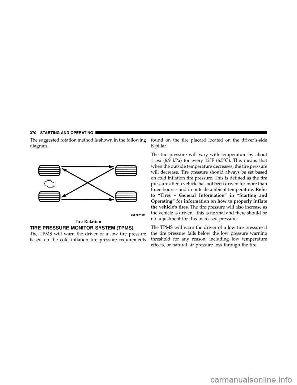 CHRYSLER TOWN AND COUNTRY 2010 5.G Owners Manual The suggested rotation method is shown in the following
diagram.
TIRE PRESSURE MONITOR SYSTEM (TPMS)
The TPMS will warn the driver of a low tire pressure
based on the cold inflation tire pressure requ CHRYSLER TOWN AND COUNTRY 2010 5.G Owners Manual The suggested rotation method is shown in the following
diagram.
TIRE PRESSURE MONITOR SYSTEM (TPMS)
The TPMS will warn the driver of a low tire pressure
based on the cold inflation tire pressure requ
