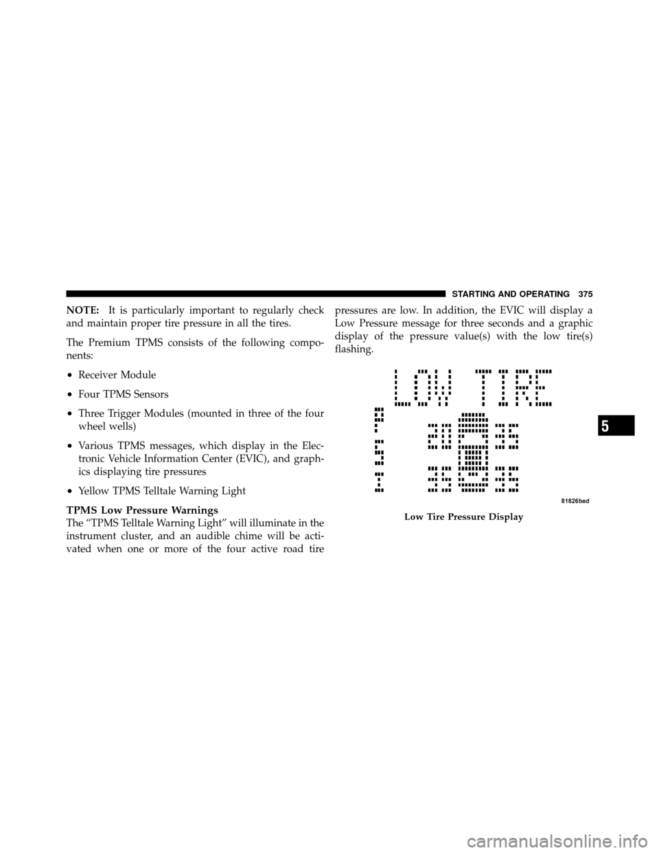 CHRYSLER TOWN AND COUNTRY 2010 5.G Owners Manual NOTE:It is particularly important to regularly check
and maintain proper tire pressure in all the tires.
The Premium TPMS consists of the following compo-
nents:
•Receiver Module
•Four TPMS Sensor
