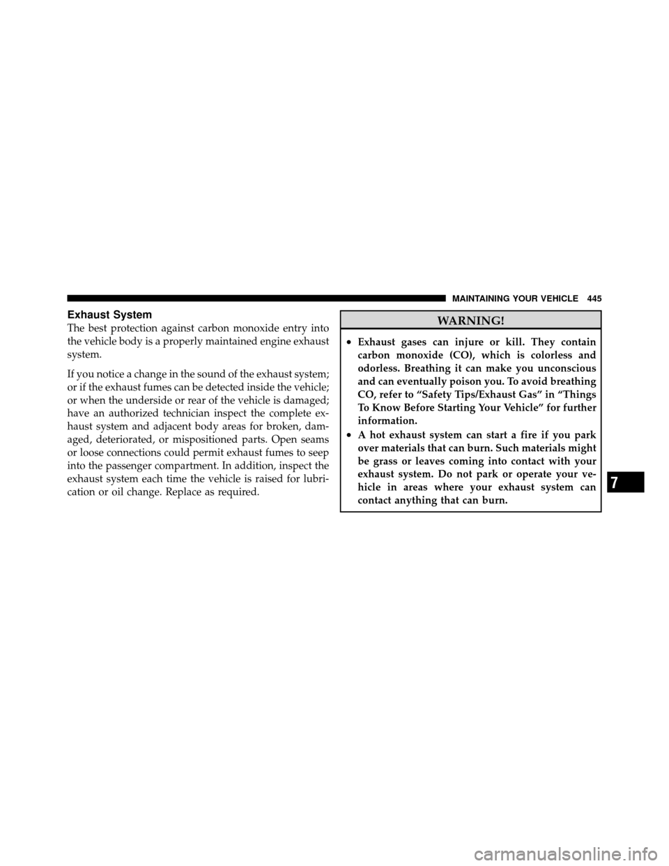 CHRYSLER TOWN AND COUNTRY 2010 5.G Owners Manual Exhaust System
The best protection against carbon monoxide entry into
the vehicle body is a properly maintained engine exhaust
system.
If you notice a change in the sound of the exhaust system;
or if 